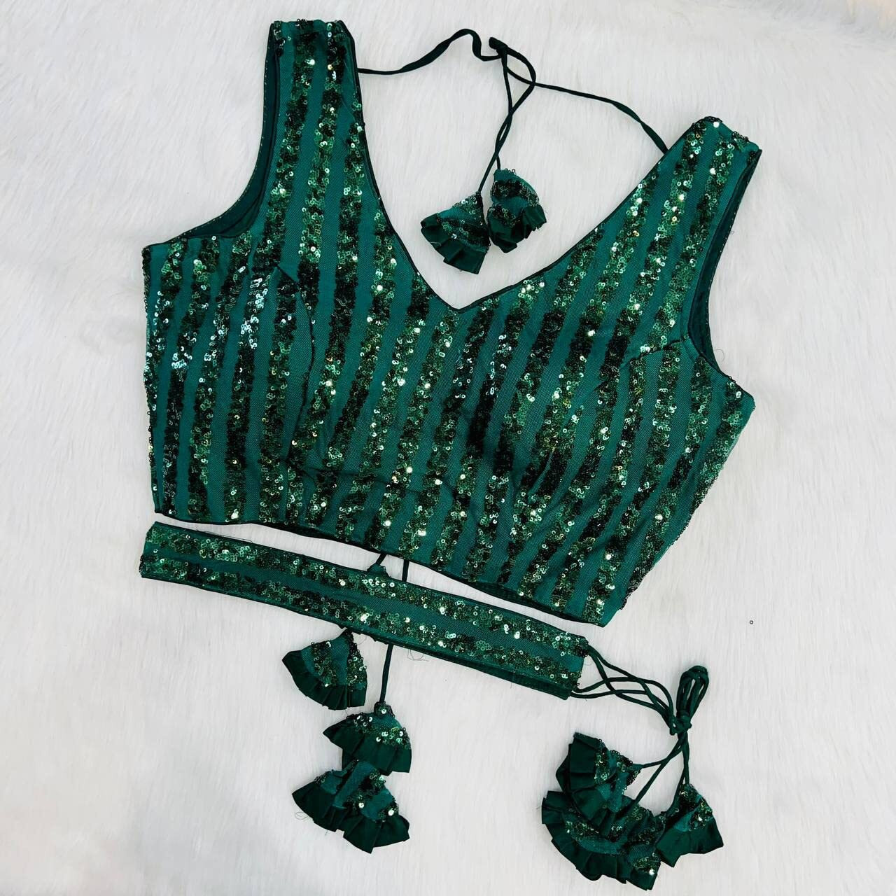 Pujia Mills Women's Emblished Sequins Sleeveless Fancy Green Blouse With Belt(Sequins Belt Green_38)