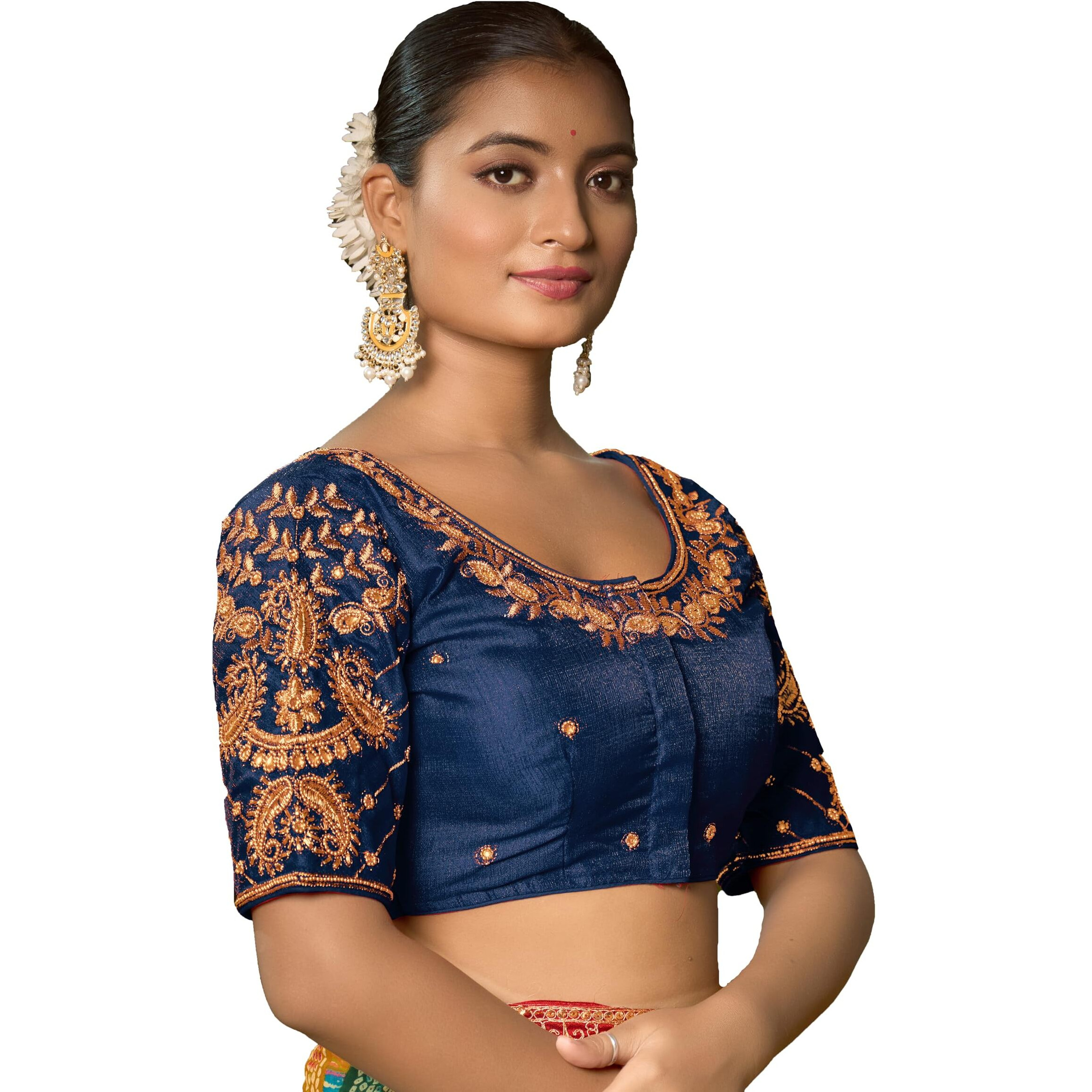 Pujia Mills Women's Readymade Blouse Embroidery Multi Coding Maggam Work Sequence Work Indian Ethnic Designer Stitched Readymade Saree Half Sleeve Morpeach Blouse For Women Saree Lehenga Choli
