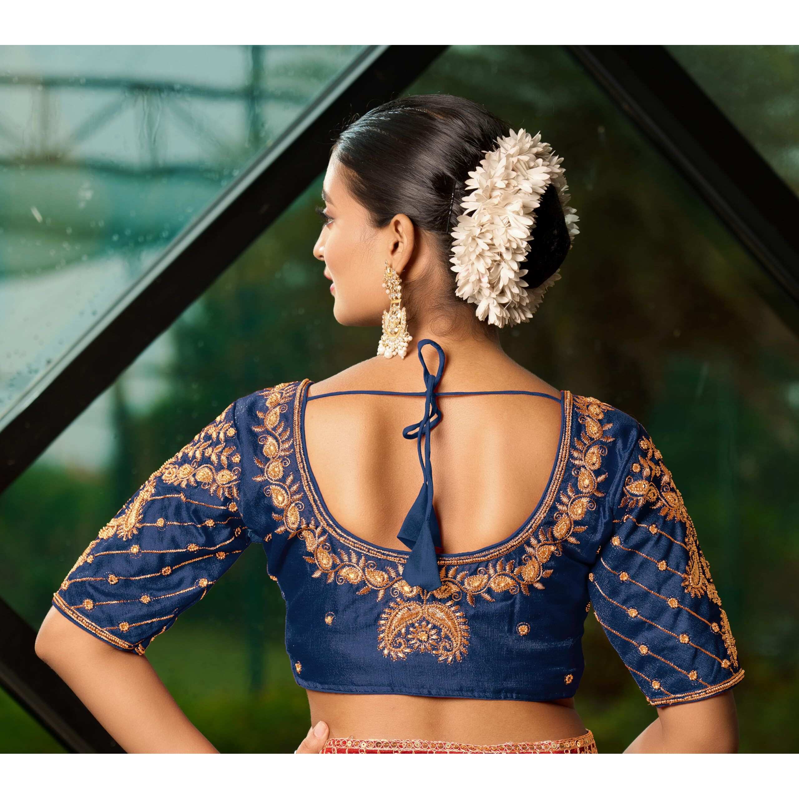 Pujia Mills Women's Readymade Blouse Embroidery Multi Coding Maggam Work Sequence Work Indian Ethnic Designer Stitched Readymade Saree Half Sleeve Morpeach Blouse For Women Saree Lehenga Choli