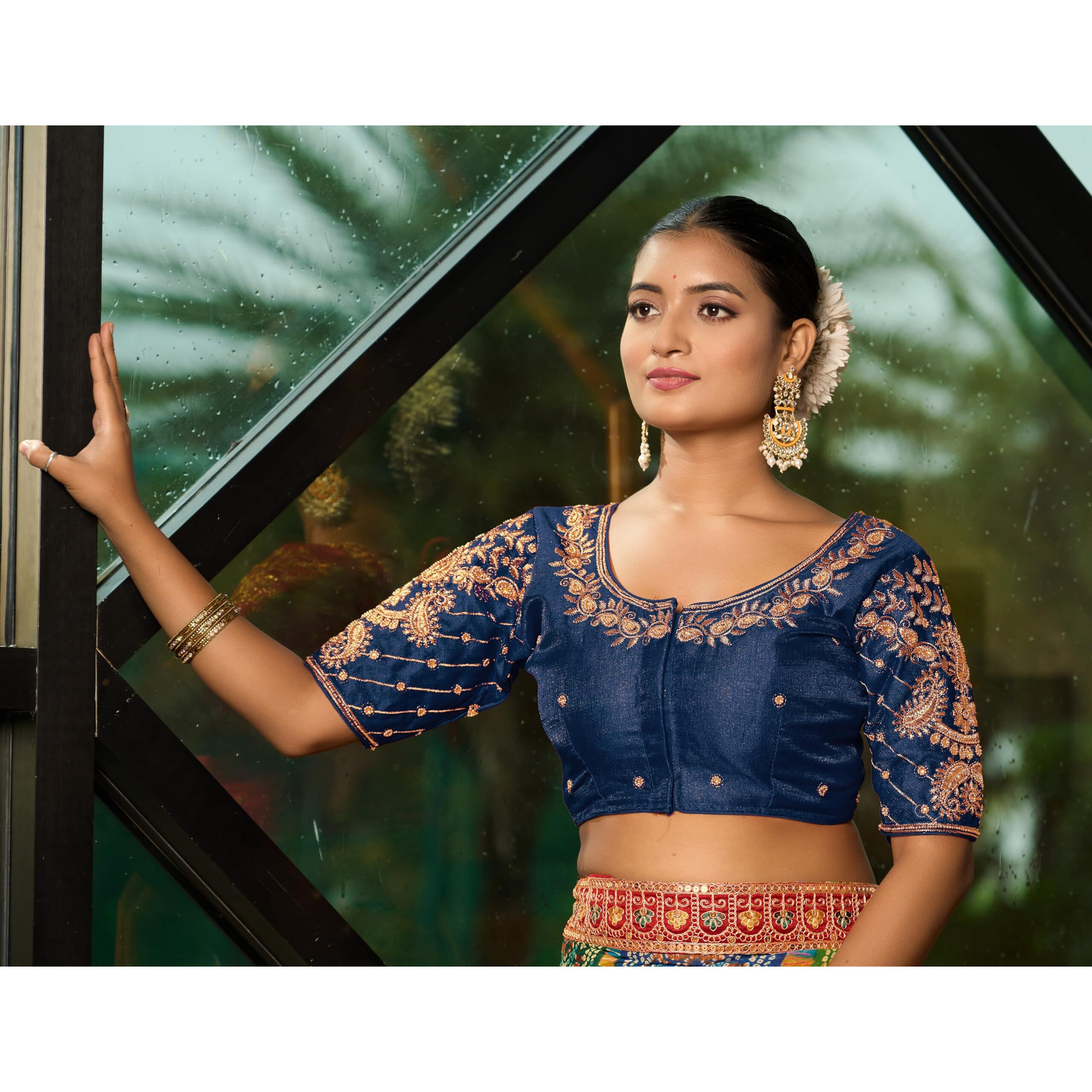 Pujia Mills Women's Readymade Blouse Embroidery Multi Coding Maggam Work Sequence Work Indian Ethnic Designer Stitched Readymade Saree Half Sleeve Morpeach Blouse For Women Saree Lehenga Choli