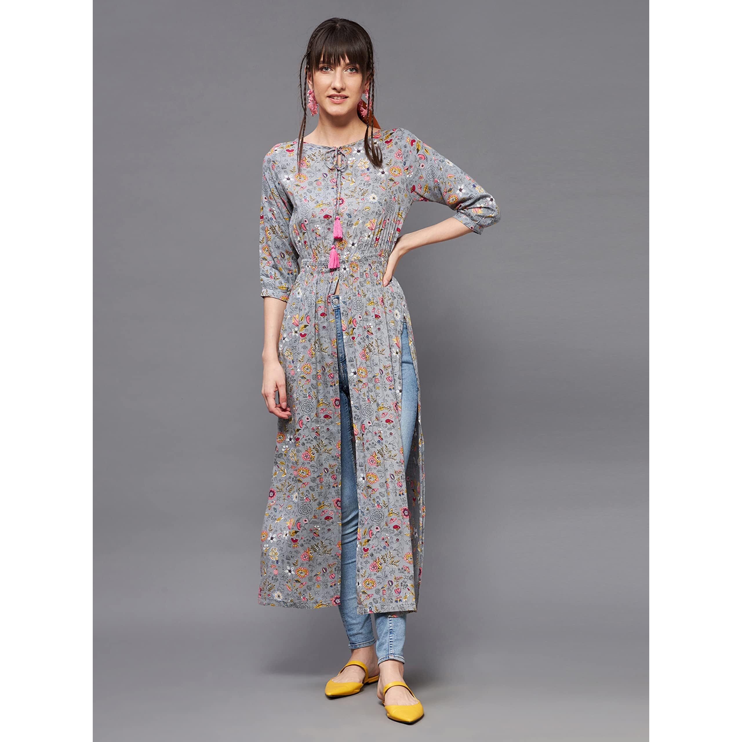 Miss Chase Women's Multicolored-Base-Grey Round Neck 3/4Th Sleeve Floral Maxi Top (Mcaw22D98-07-175-06, Multicolored-Base-Grey, Xl)