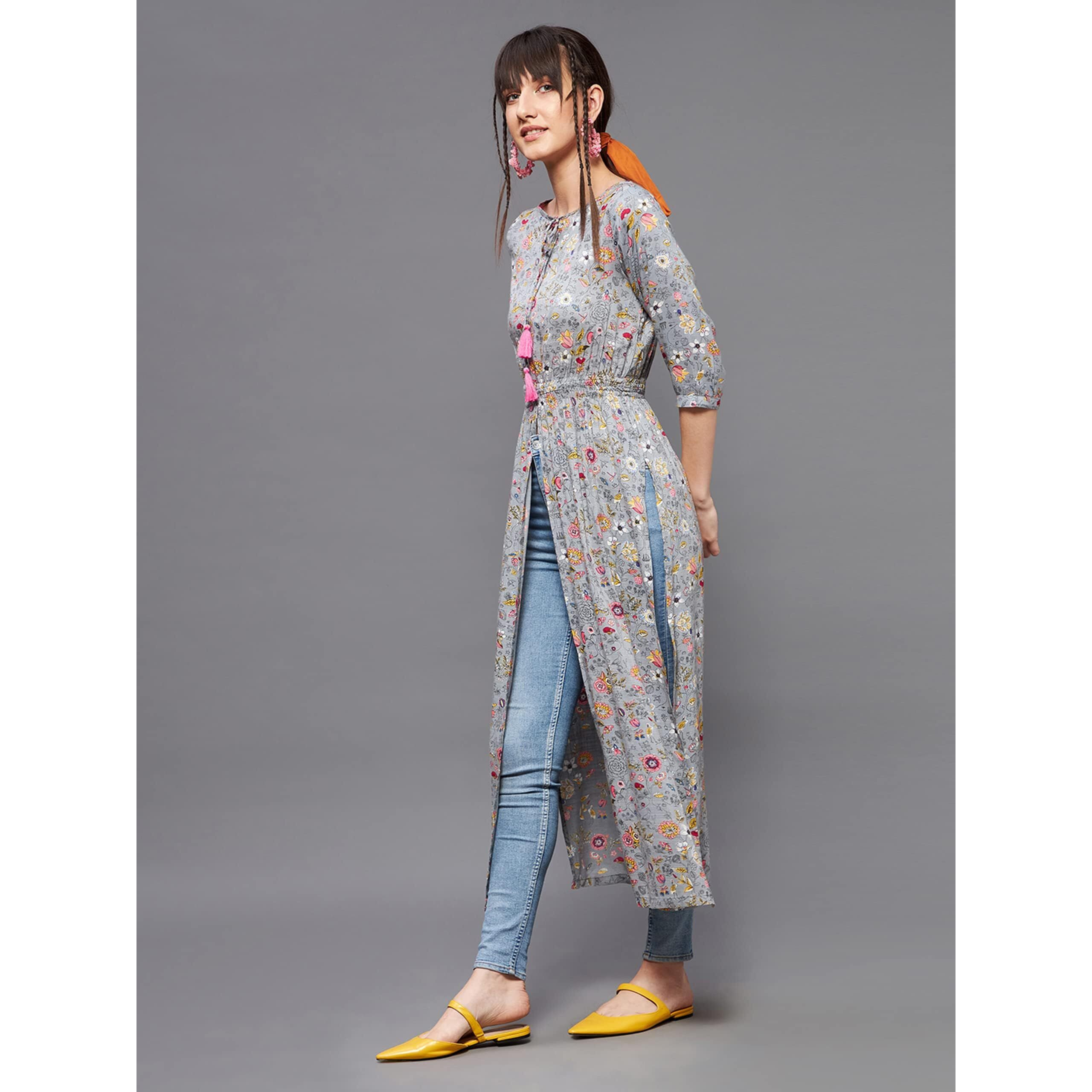 Miss Chase Women's Multicolored-Base-Grey Round Neck 3/4Th Sleeve Floral Maxi Top (Mcaw22D98-07-175-06, Multicolored-Base-Grey, Xl)