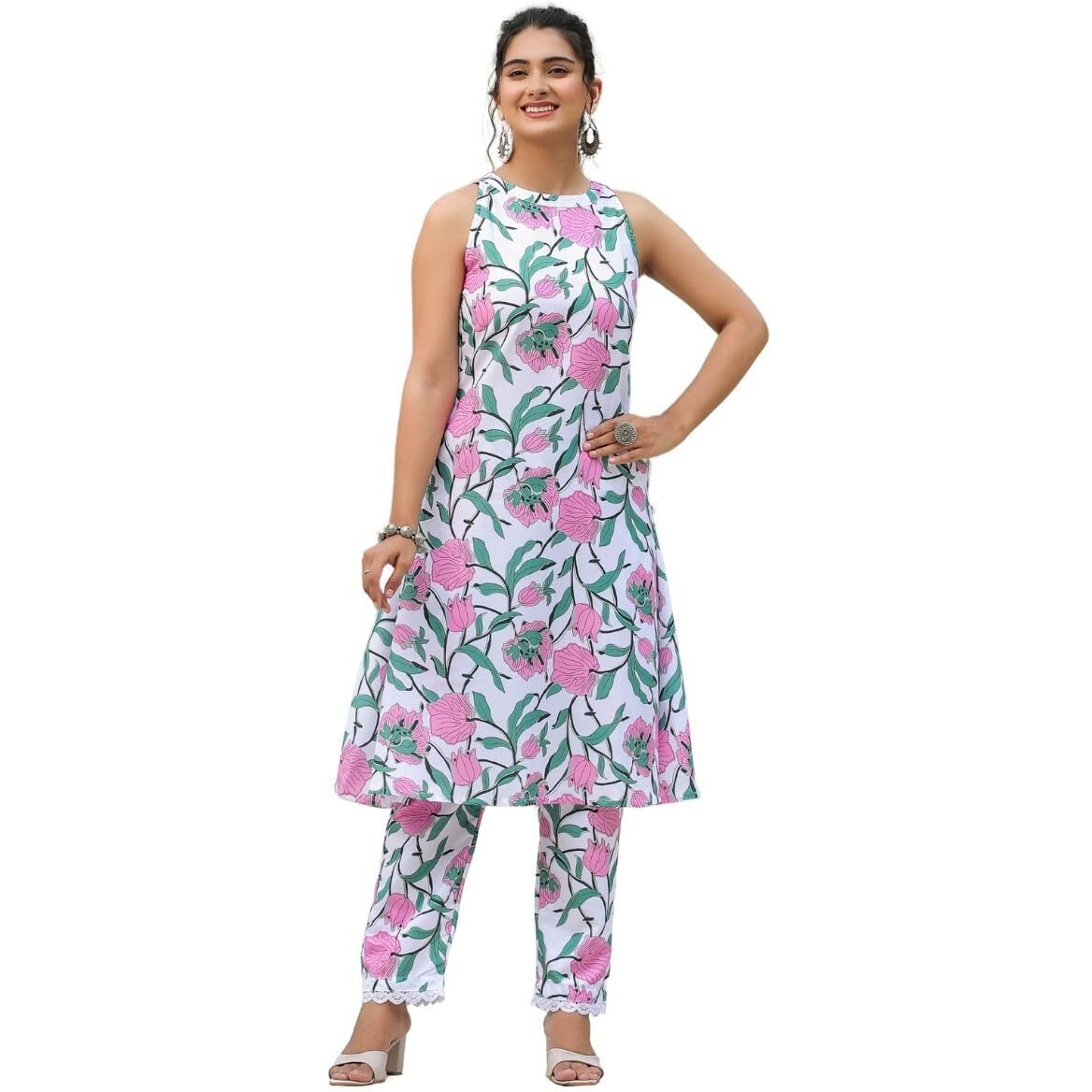 Greciilooks Women Rayon A-Line Regular Fit Kurta Set (Pink, Xx-Large)