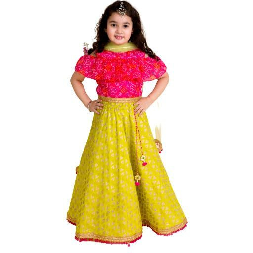 Pspeaches Polyester Girls Green Pink Printed Readymade Lehenga Set Blouse With Dupatta (Green-2-3Y)