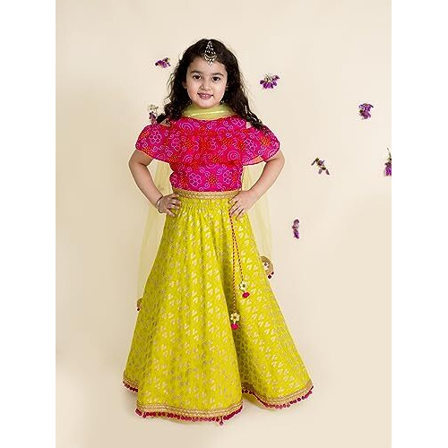 Pspeaches Polyester Girls Green Pink Printed Readymade Lehenga Set Blouse With Dupatta (Green-2-3Y)