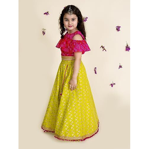 Pspeaches Polyester Girls Green Pink Printed Readymade Lehenga Set Blouse With Dupatta (Green-2-3Y)