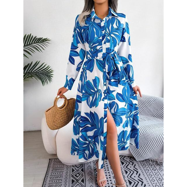 Gufrina Women's Full Sleeve Collar Neck Western Dress - Floral Print Maxi Dress With Slit And Tie-Up Belt (Blue L)