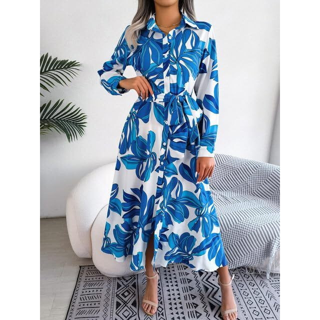 Gufrina Women's Full Sleeve Collar Neck Western Dress - Floral Print Maxi Dress With Slit And Tie-Up Belt (Blue L)