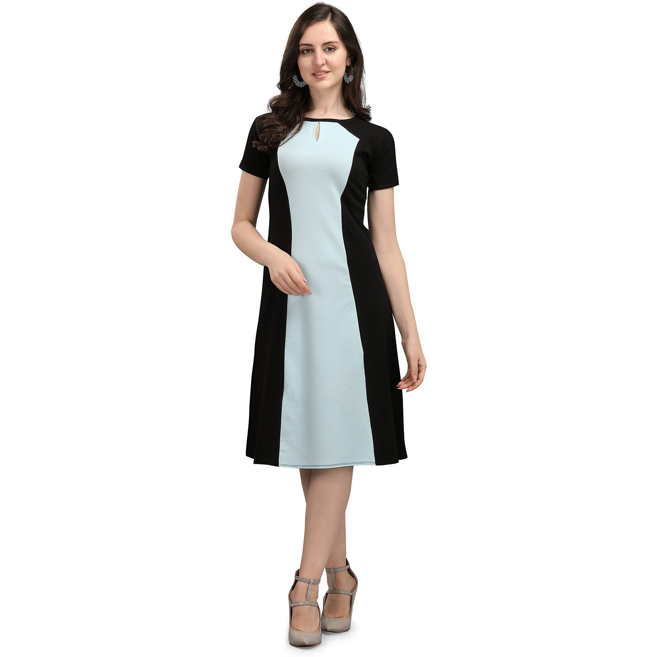 Purvaja Womens Fit & Flare Dress(Lucy-058-Sb-Bl_Skyblue-Black_Large)