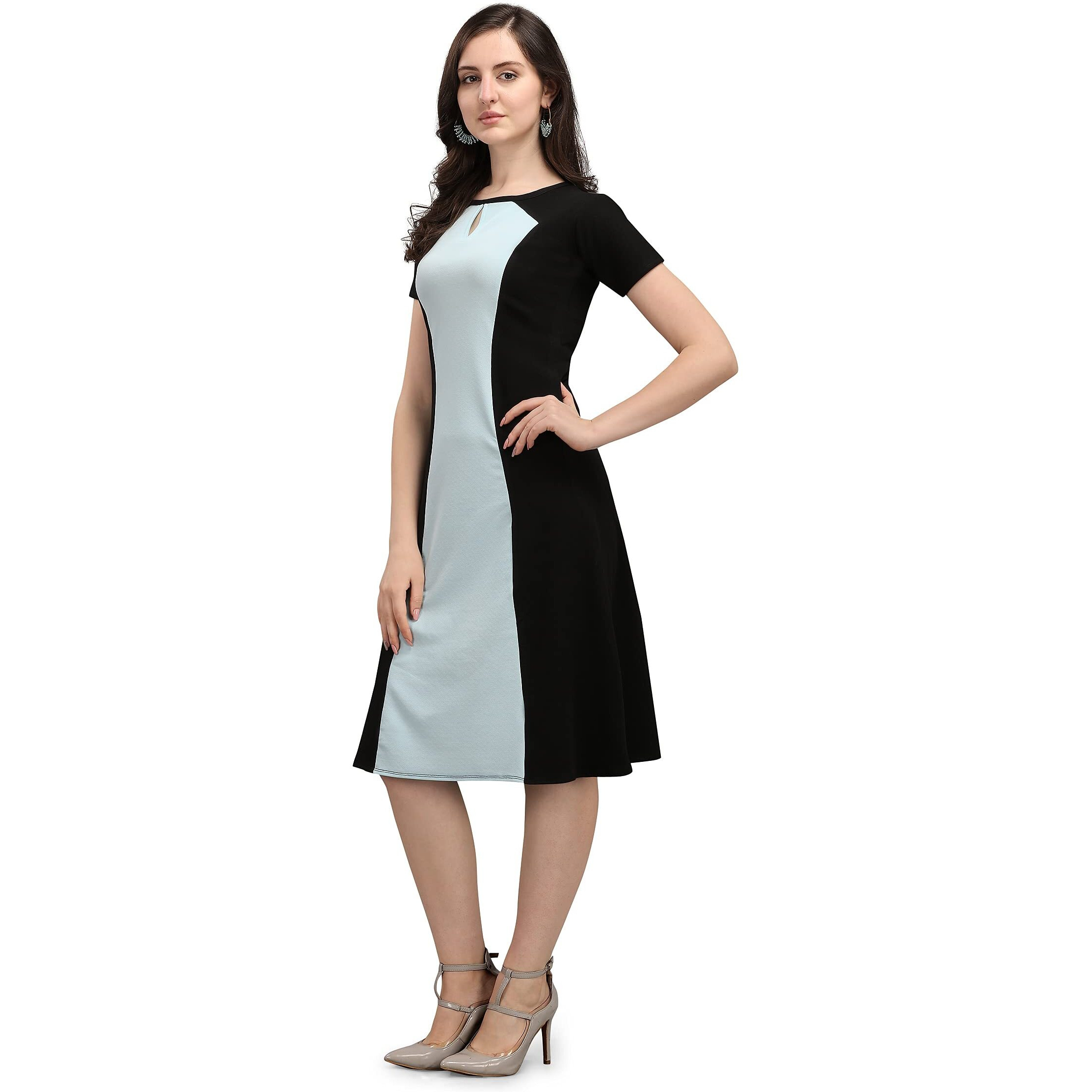 Purvaja Womens Fit & Flare Dress(Lucy-058-Sb-Bl_Skyblue-Black_Large)