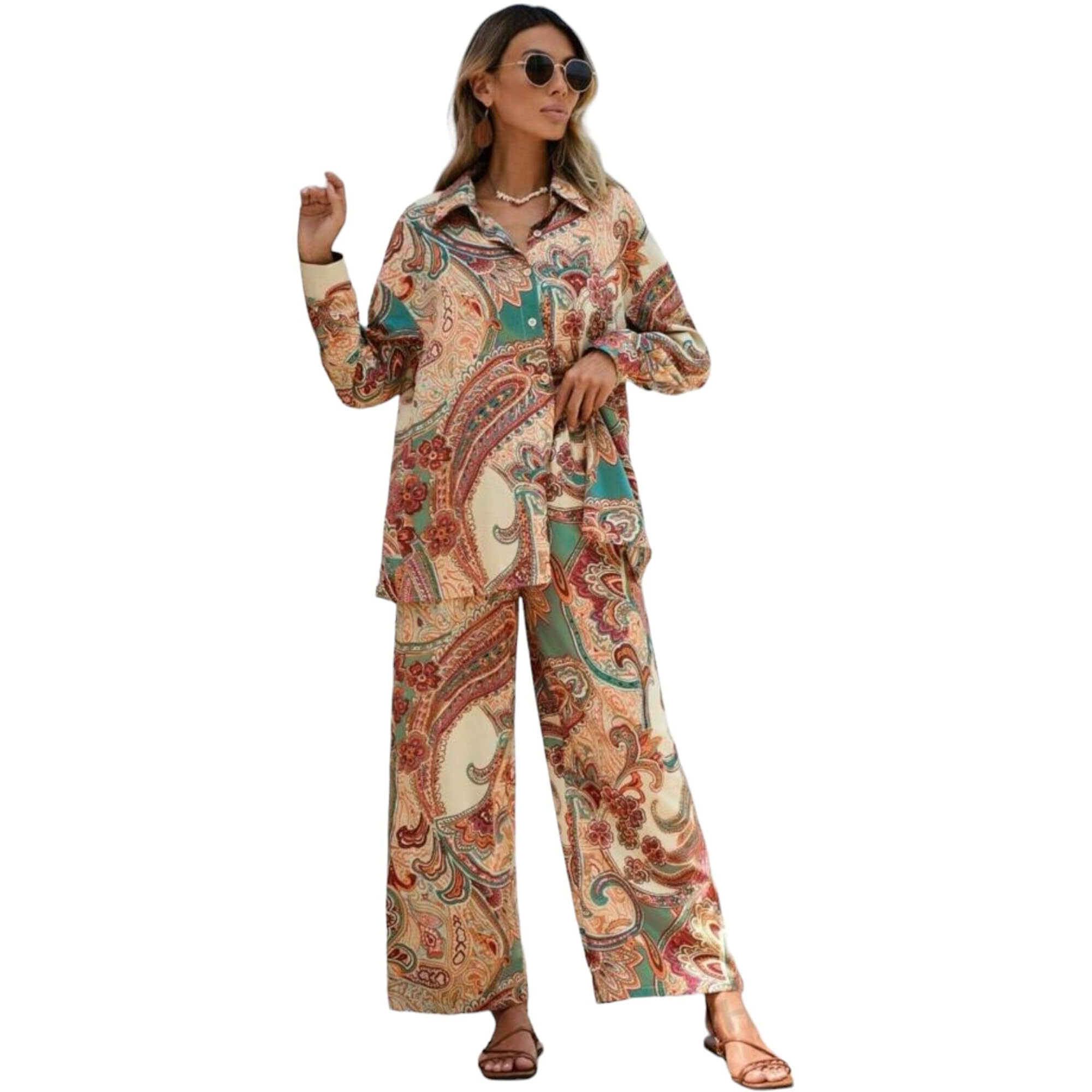 Gufrina Women's Paisley Print Co-Ord Set, Long Sleeve Shirt And Wide Leg Pants, Boho Chic Outfit (Beige M)