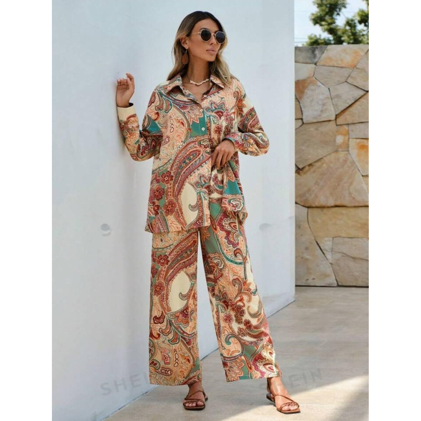 Gufrina Women's Paisley Print Co-Ord Set, Long Sleeve Shirt And Wide Leg Pants, Boho Chic Outfit (Beige M)