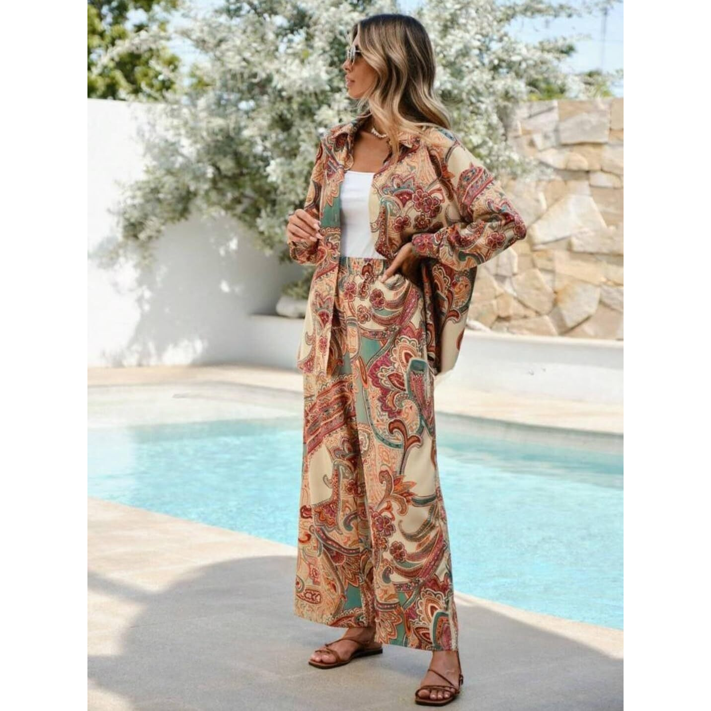 Gufrina Women's Paisley Print Co-Ord Set, Long Sleeve Shirt And Wide Leg Pants, Boho Chic Outfit (Beige M)