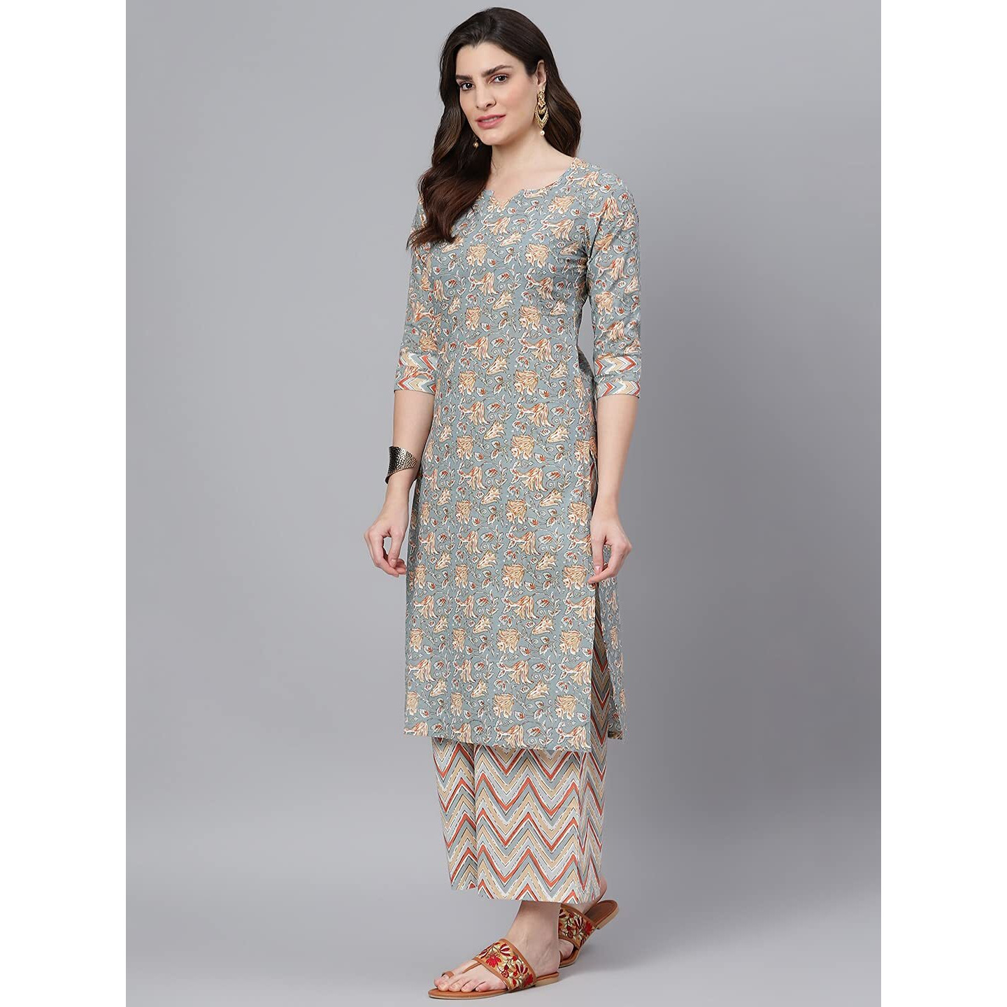 Idalia Women's Multicolor Printed Cotton Kurta Set With Palazzo Pant And Dupatta