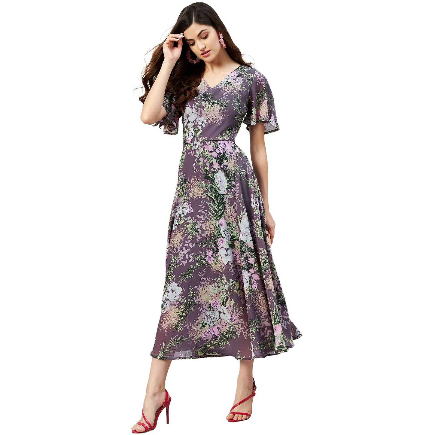 Rare Women Casual Fit And Flare Mauve Colour Calf Length Floral Dress,Xl