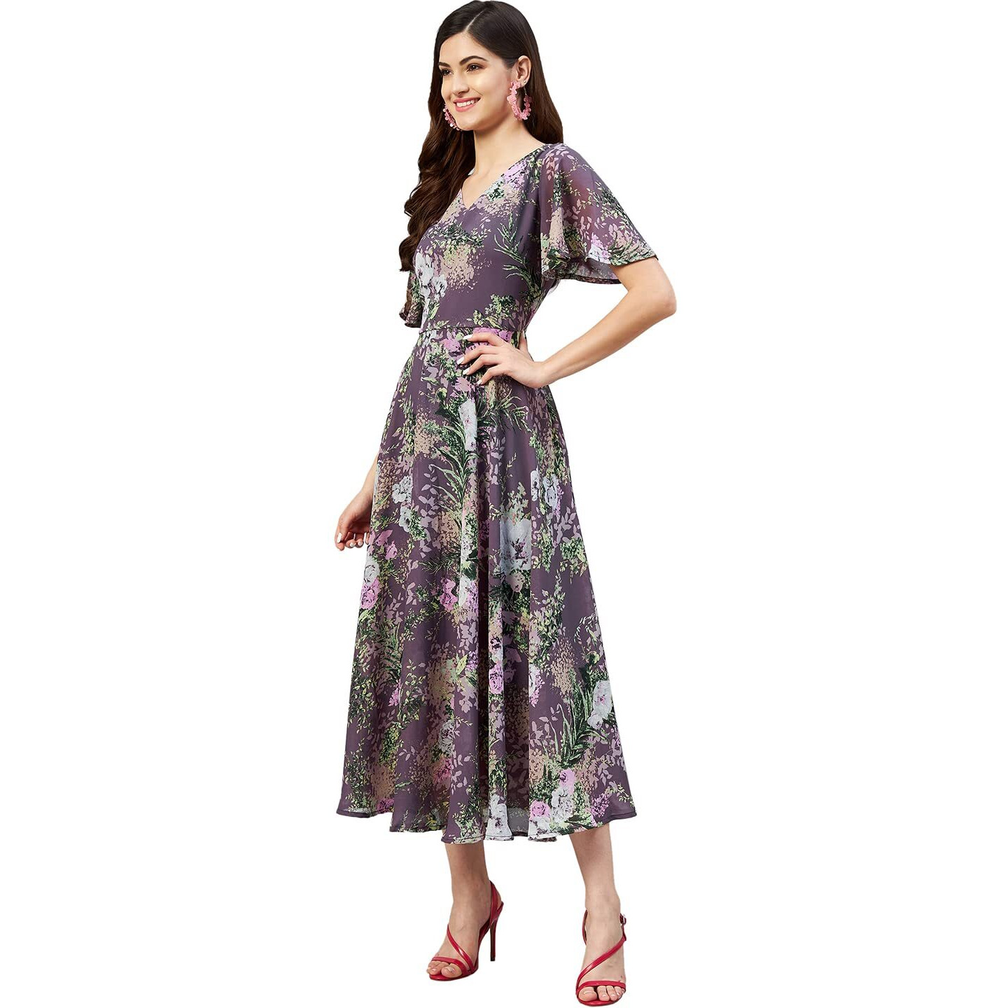Rare Women Casual Fit And Flare Mauve Colour Calf Length Floral Dress,Xl