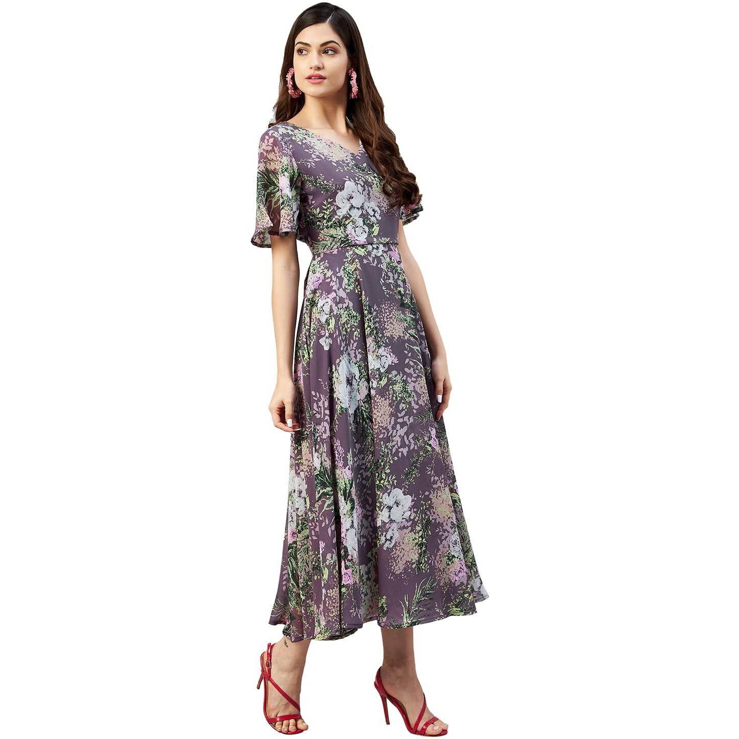 Rare Women Casual Fit And Flare Mauve Colour Calf Length Floral Dress,Xl