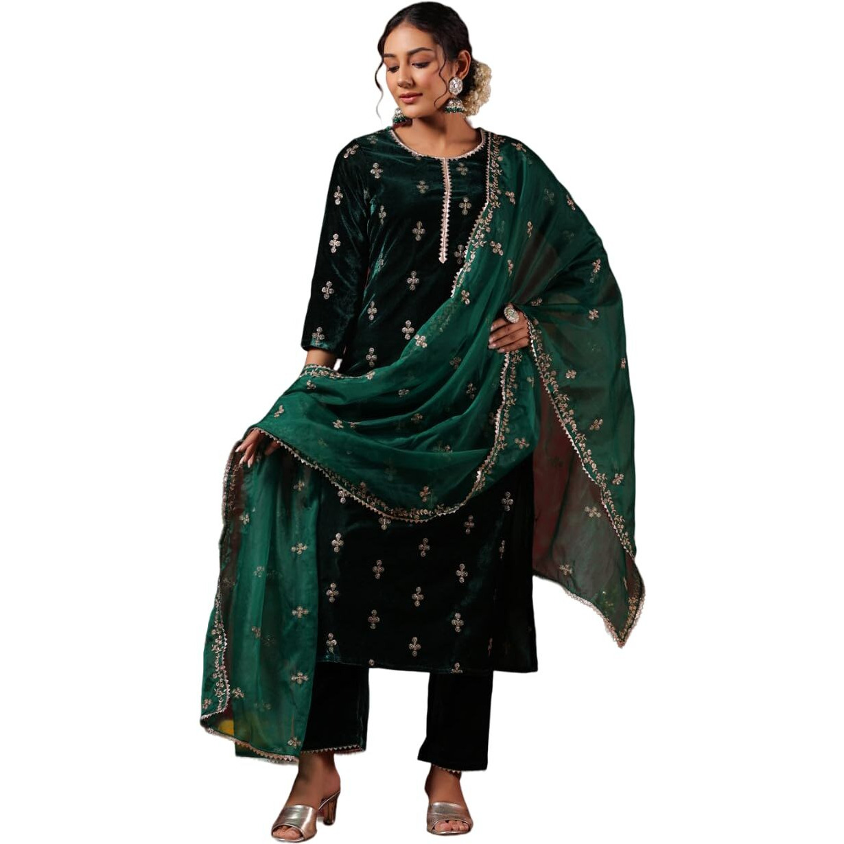 Ishin Women's Velvet Ethnic Motifs Zari Green Straight Kurta Suit Set With Trousers And Dupatta