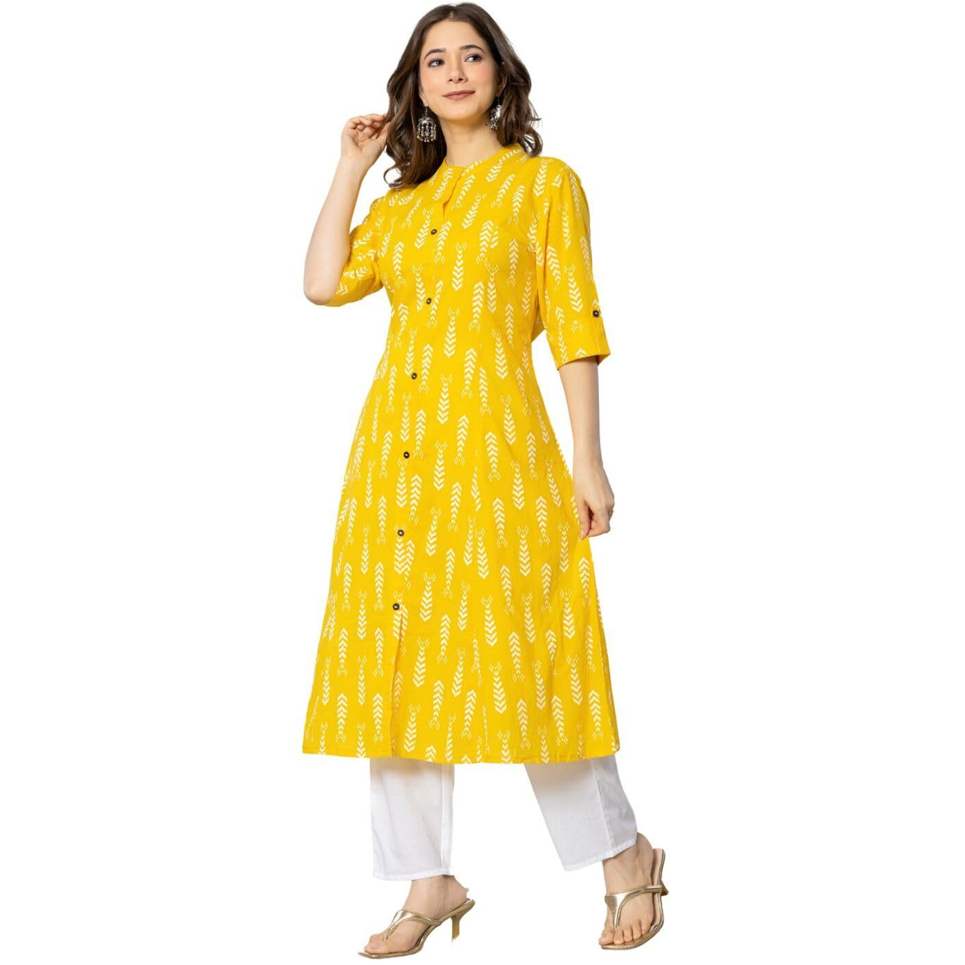Rytras Women's Cotton Printed A-Line Kurta(Ryt575,Yellow,S)