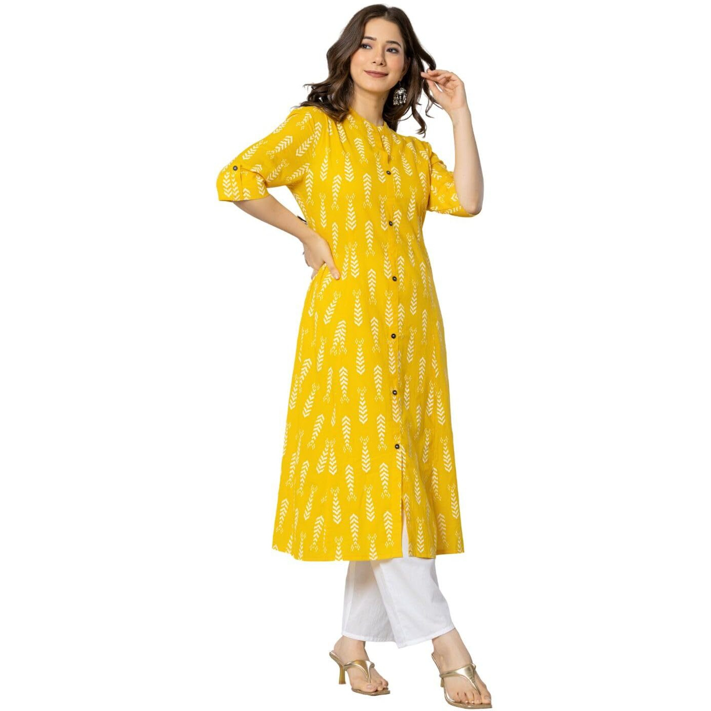 Rytras Women's Cotton Printed A-Line Kurta(Ryt575,Yellow,S)