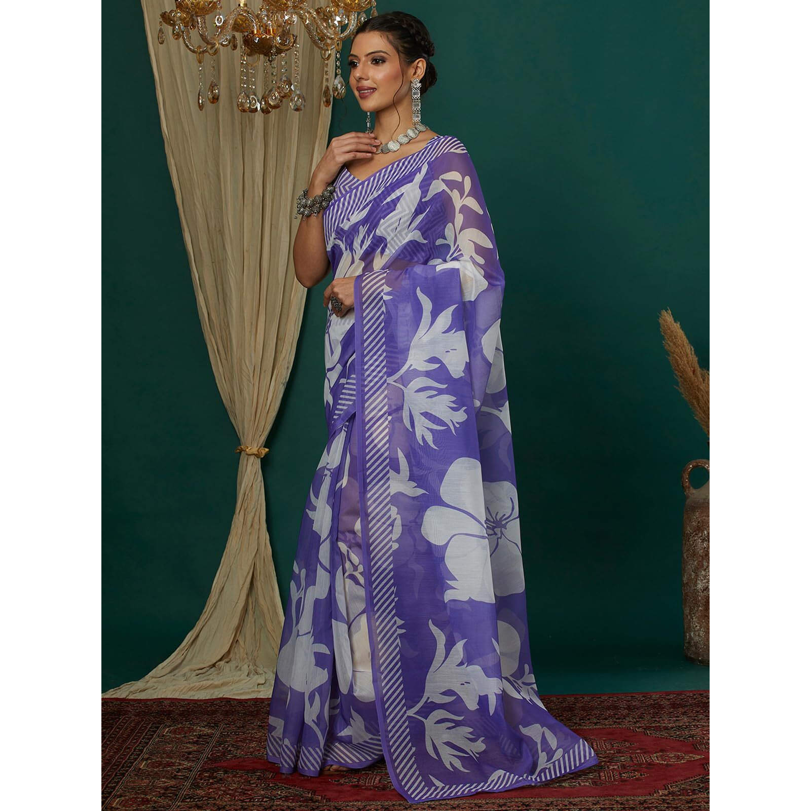 Satrani Women's Cotton Blend Floral Printed Saree With Unstitched Blouse Piece (4112S6502N_Violet)
