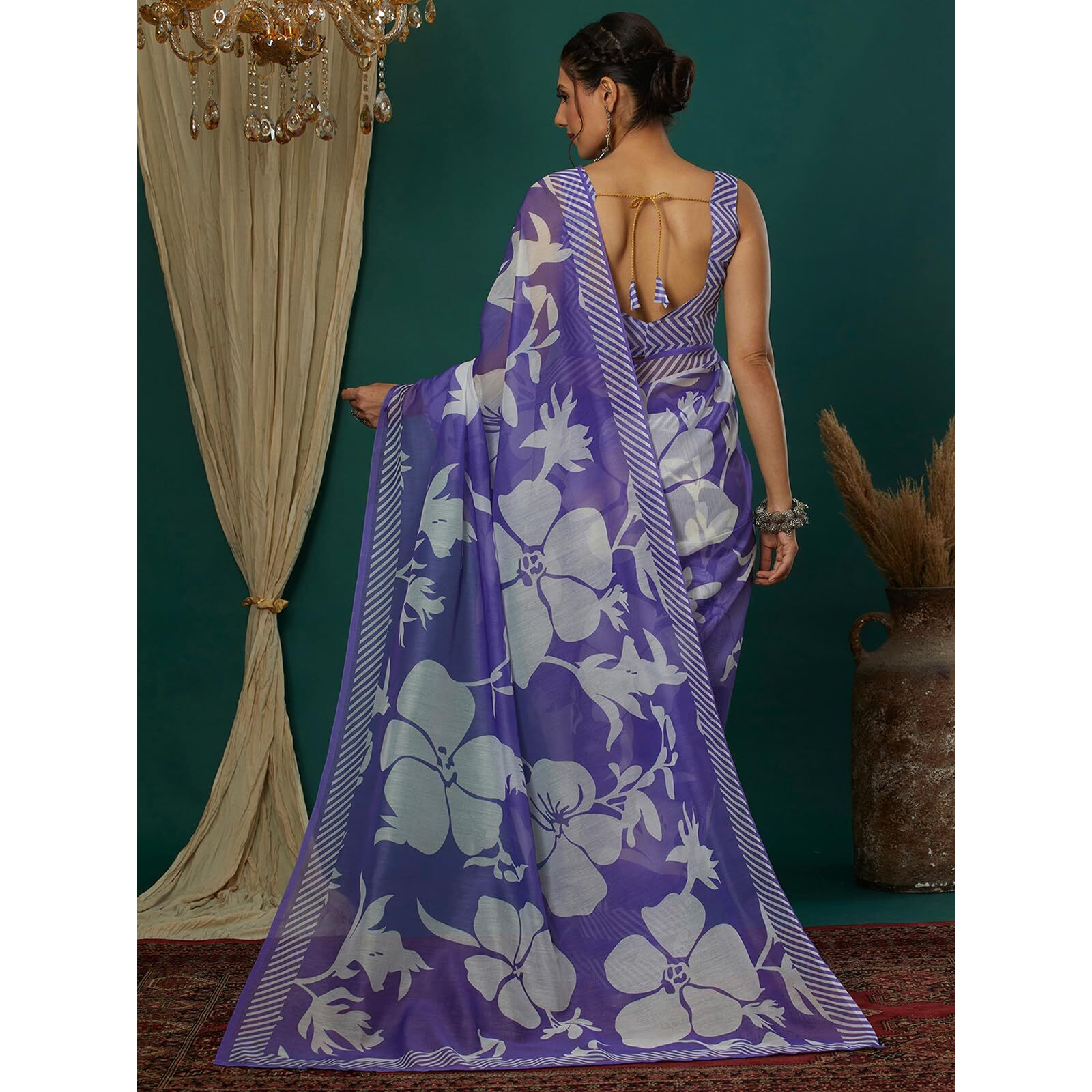Satrani Women's Cotton Blend Floral Printed Saree With Unstitched Blouse Piece (4112S6502N_Violet)