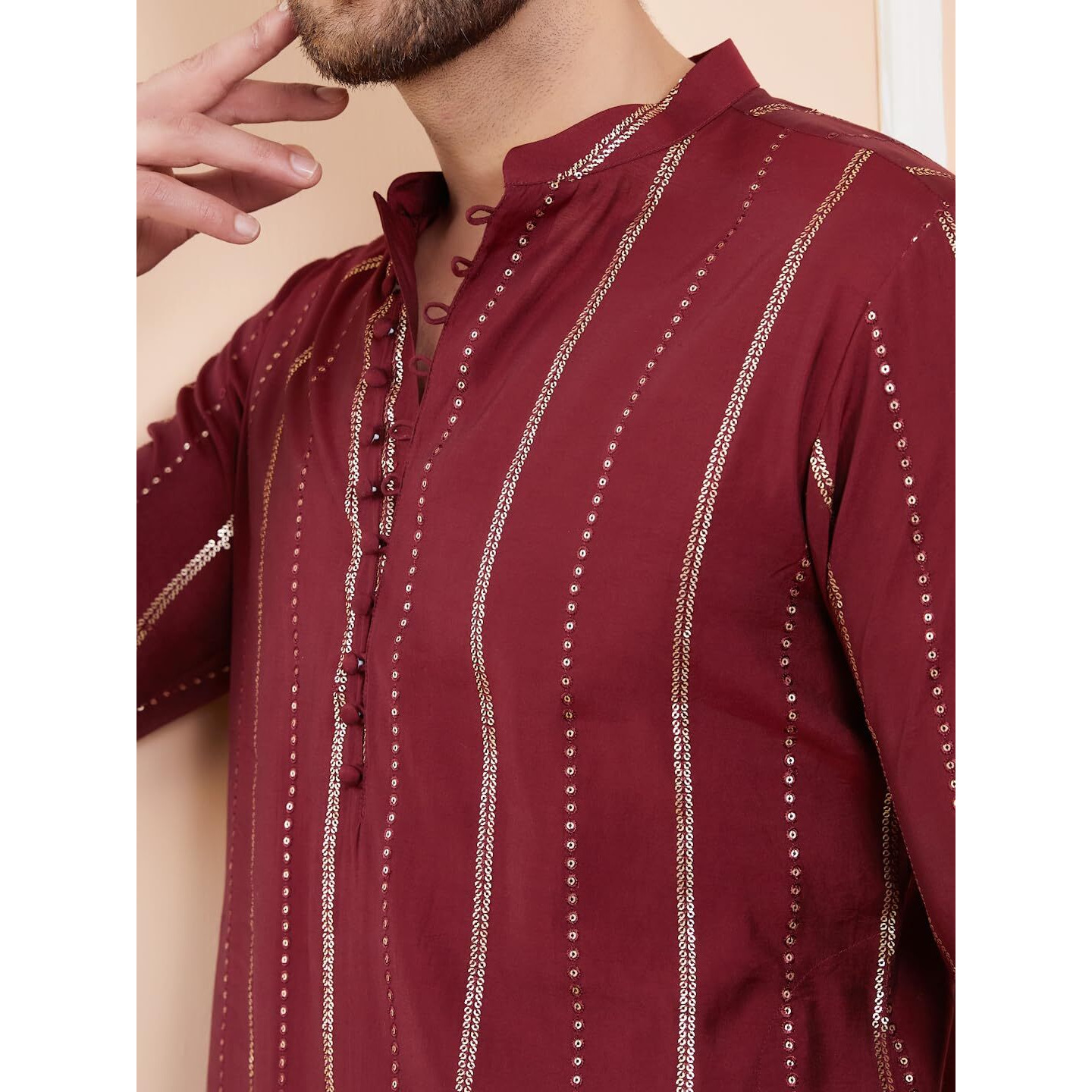 See Designs Men Full Sleeve Side Slit Burgundy And Gold Chanderi Silk Sequins Mandarin Collar Kurta - Sdkt2433Xxl