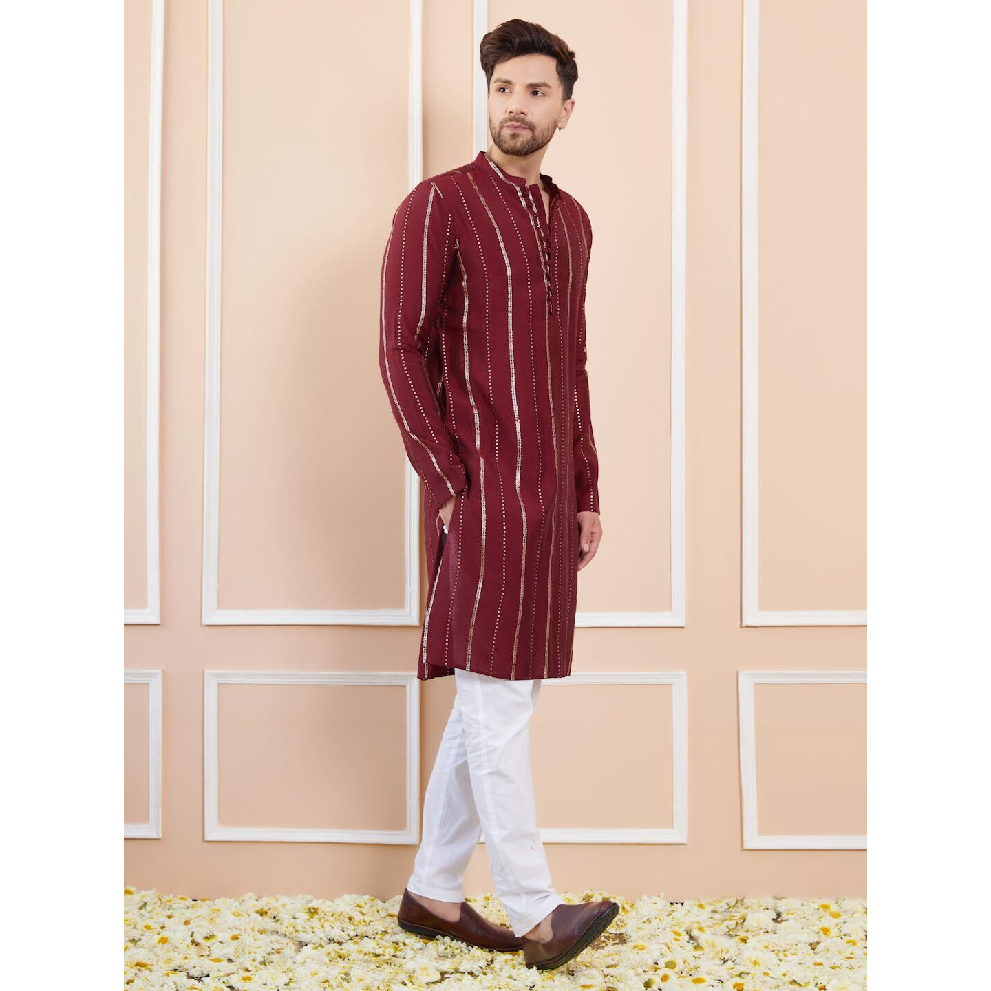 See Designs Men Full Sleeve Side Slit Burgundy And Gold Chanderi Silk Sequins Mandarin Collar Kurta - Sdkt2433Xxl