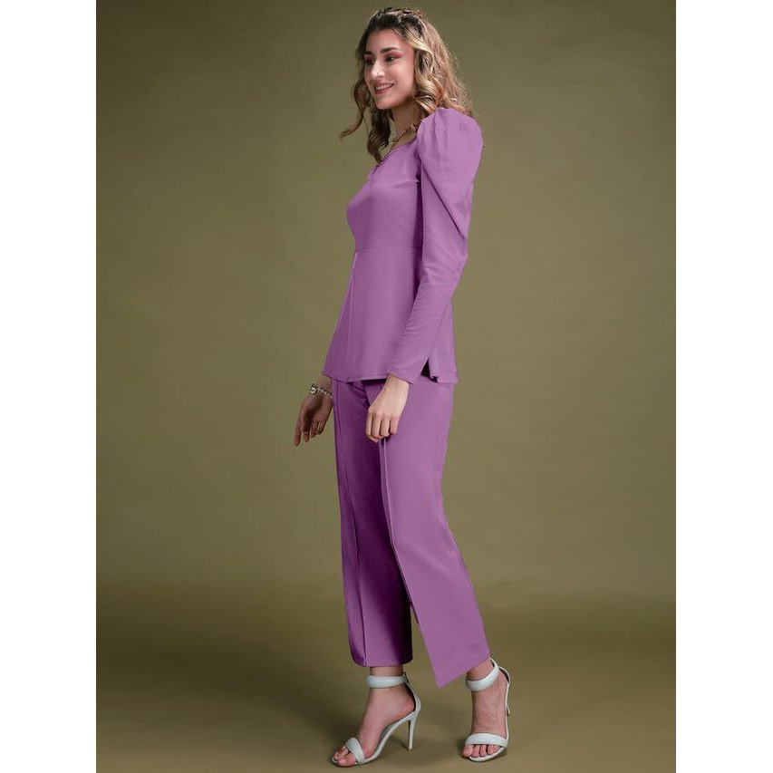 Selvia Women's Puff Sleeve Lycra Sweetheart Neck 2 Piece Front Slit Co-Ords Set (485Tk10688Na-Xxl_Light Purple3)