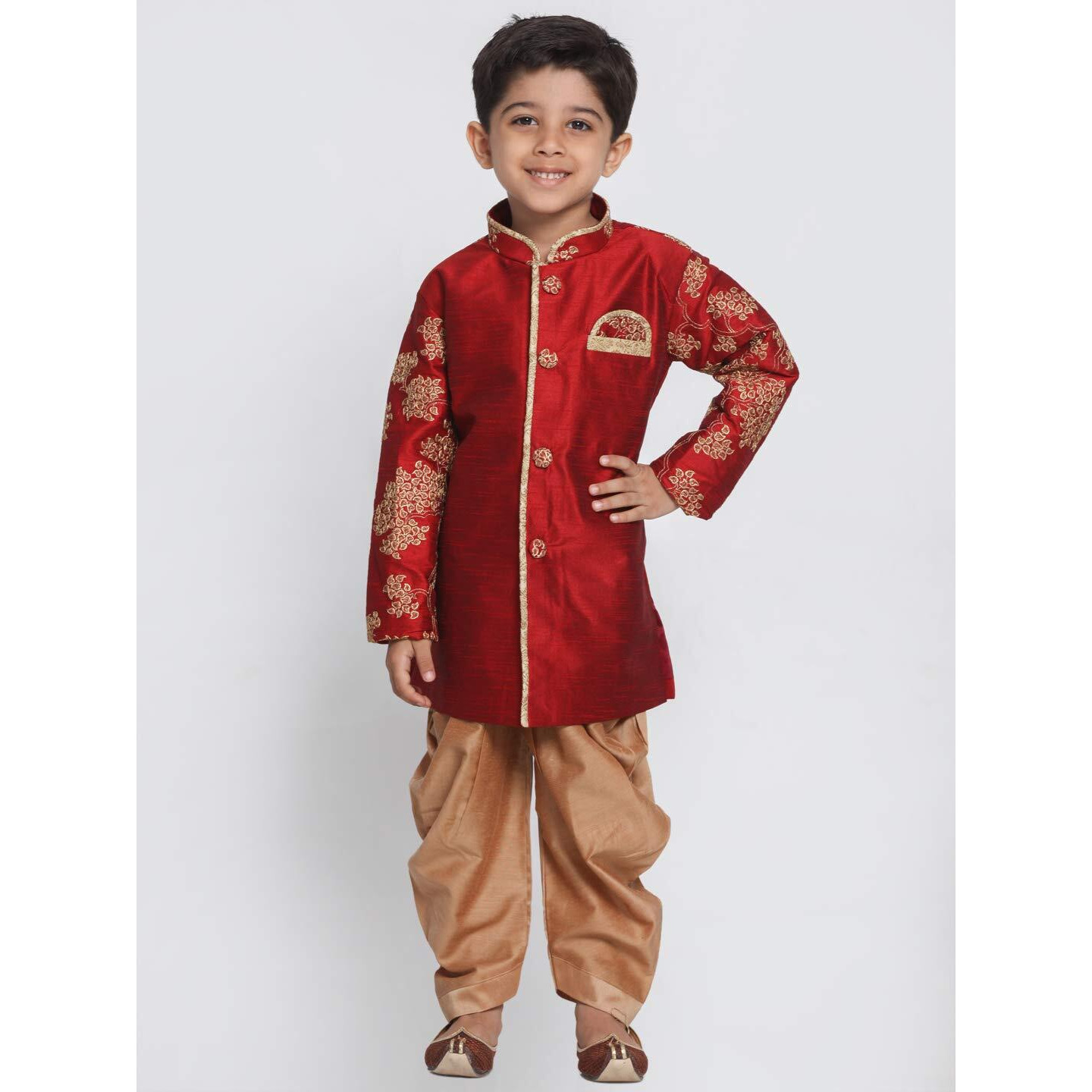 Jbn Creation Boys' Maroon And Rose Gold Silk Blend Sherwani And Dhoti Pant Set (Vasbsw010Ncdrg, For 7-8 Years)