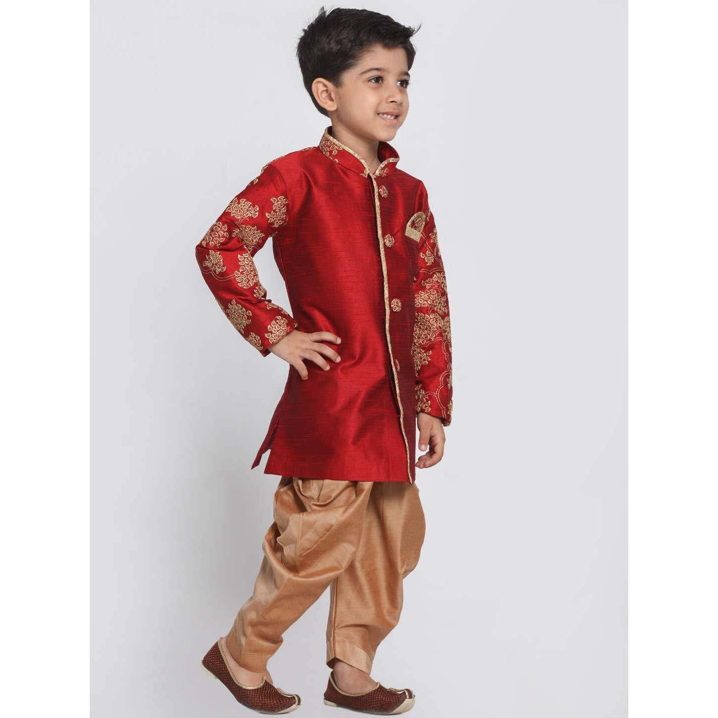 Jbn Creation Boys' Maroon And Rose Gold Silk Blend Sherwani And Dhoti Pant Set (Vasbsw010Ncdrg, For 7-8 Years)
