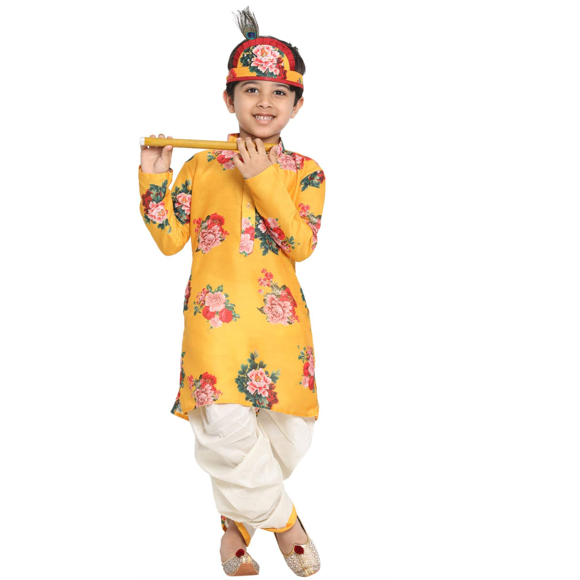 Vastramay Boys Yellow Silk Kurta Dhoti Set For Janmashtami, Rakhi Festival Ethnic Wear With Floral Print