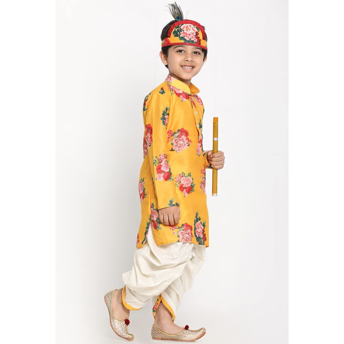 Vastramay Boys Yellow Silk Kurta Dhoti Set For Janmashtami, Rakhi Festival Ethnic Wear With Floral Print