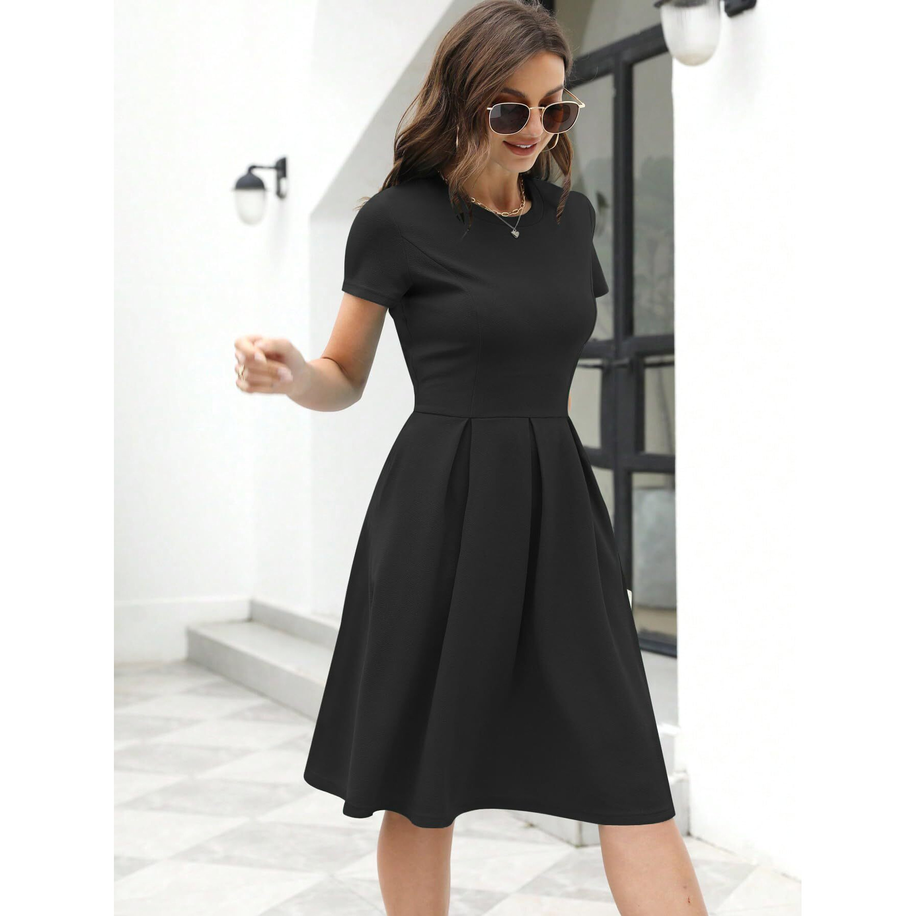 Shasmi Girl's & Women's Solid Black Color Solid Slant Pocket Fold Pleated, Women Cocktail Party Vintage Style With Pockets Big Swing Simple Retro Dress (Dress 166 Black-S)