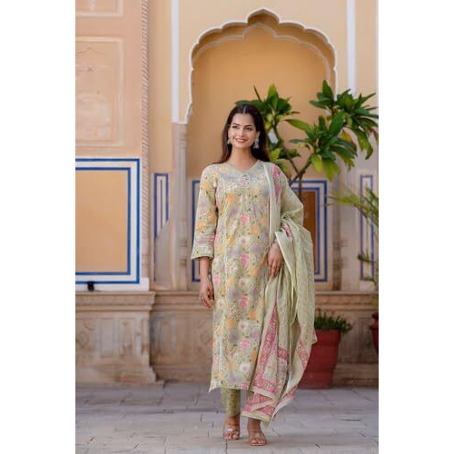 Shienzy Cotton Blend V Neck Kurta Pant Set With Dupatta For Women | Women Kurta Pant Sets With Dupatta (1607-1608) (Pista, M)