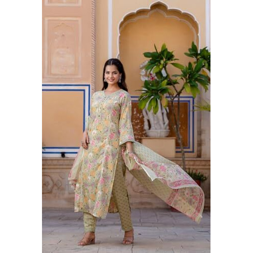 Shienzy Cotton Blend V Neck Kurta Pant Set With Dupatta For Women | Women Kurta Pant Sets With Dupatta (1607-1608) (Pista, M)