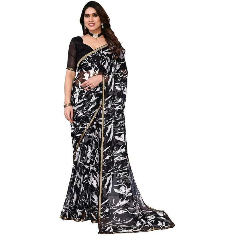 Satrani Women's Chiffon Printed & Piping Saree With Unstitched Blouse Piece (3296S579N_Black & White4)