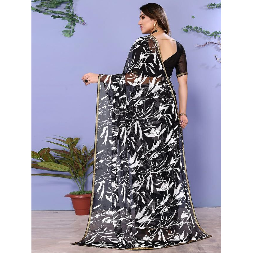Satrani Women's Chiffon Printed & Piping Saree With Unstitched Blouse Piece (3296S579N_Black & White4)