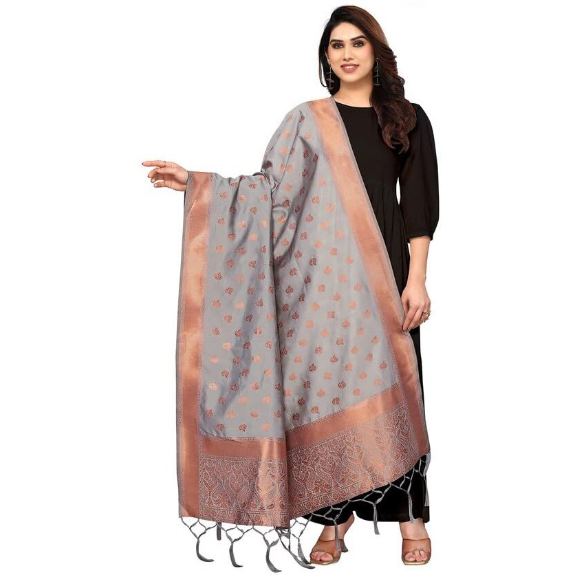 Satrani Women's Poly Silk Jacquard & Tassel Traditional Dupatta (126Fd487N_Grey)