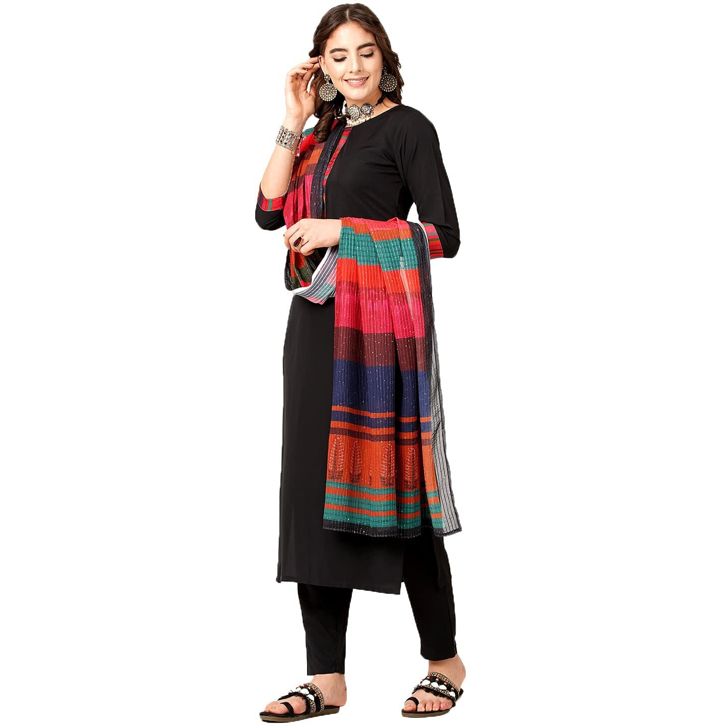 Shiv Textiles Digital Printed Round Neck Polyester Straight Kurta Set With Pent Duppata For Womens (205-Black-M)