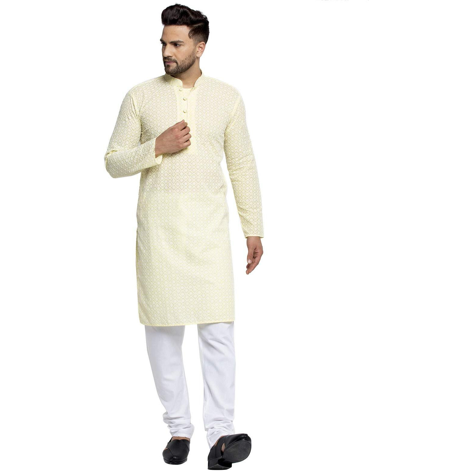 Jompers Men's Embroidered Pure Cotton Kurta Pyjama Set. (Yellow,S)