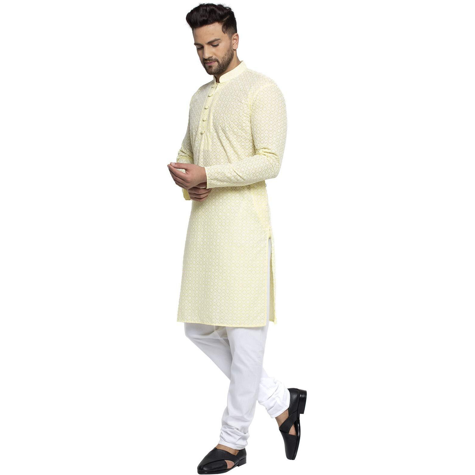Jompers Men's Embroidered Pure Cotton Kurta Pyjama Set. (Yellow,S)