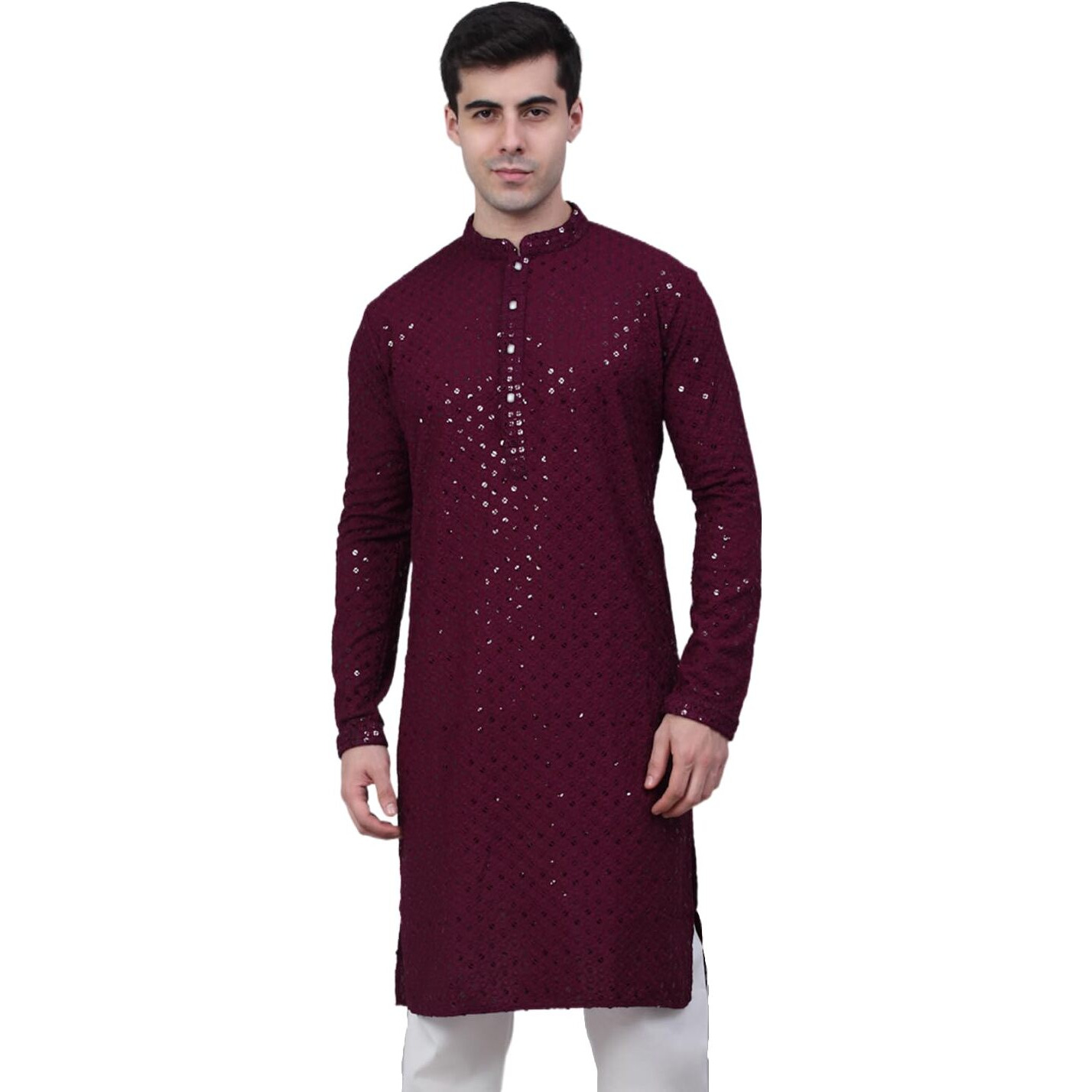 Jompers Men's Chikankari Embroidered And Sequence Kurtas (Purple, Xl)