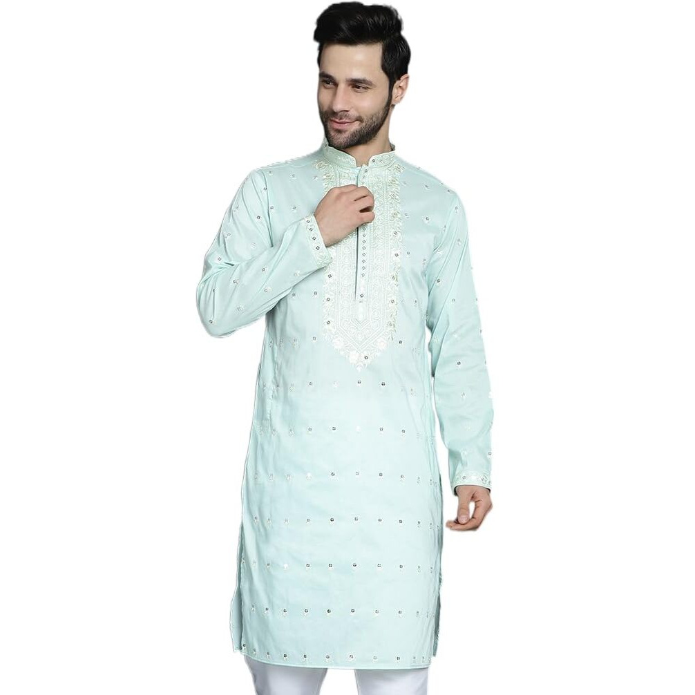 Jompers Mens Sky Chikankari Embroidered Kurtas (Sky, Xl)