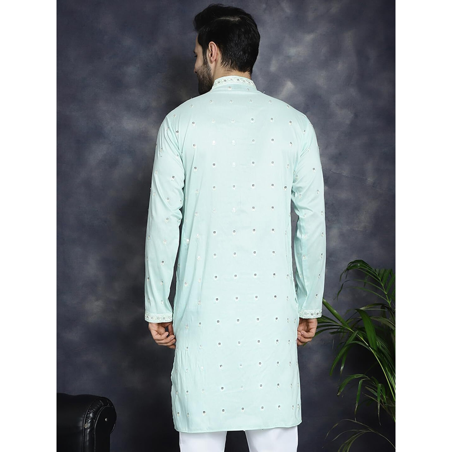 Jompers Mens Sky Chikankari Embroidered Kurtas (Sky, Xl)