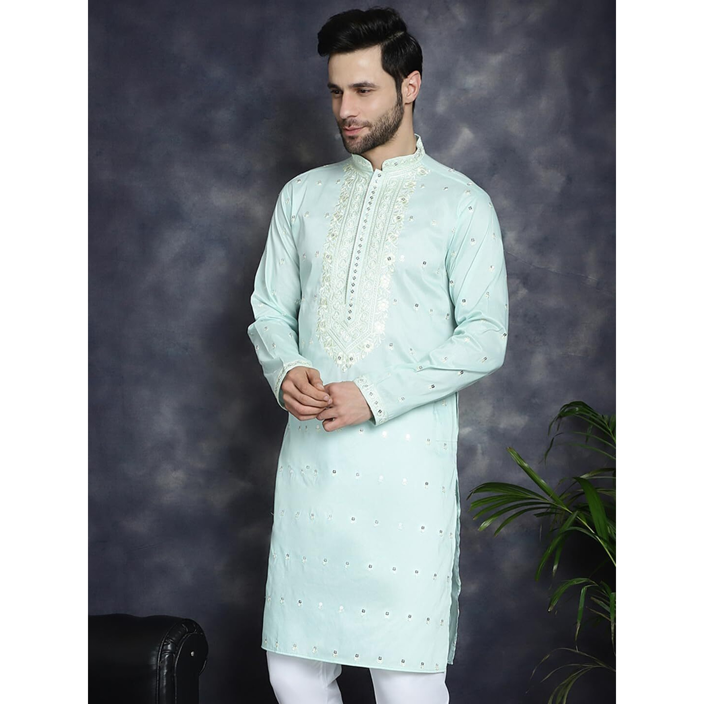 Jompers Mens Sky Chikankari Embroidered Kurtas (Sky, Xl)
