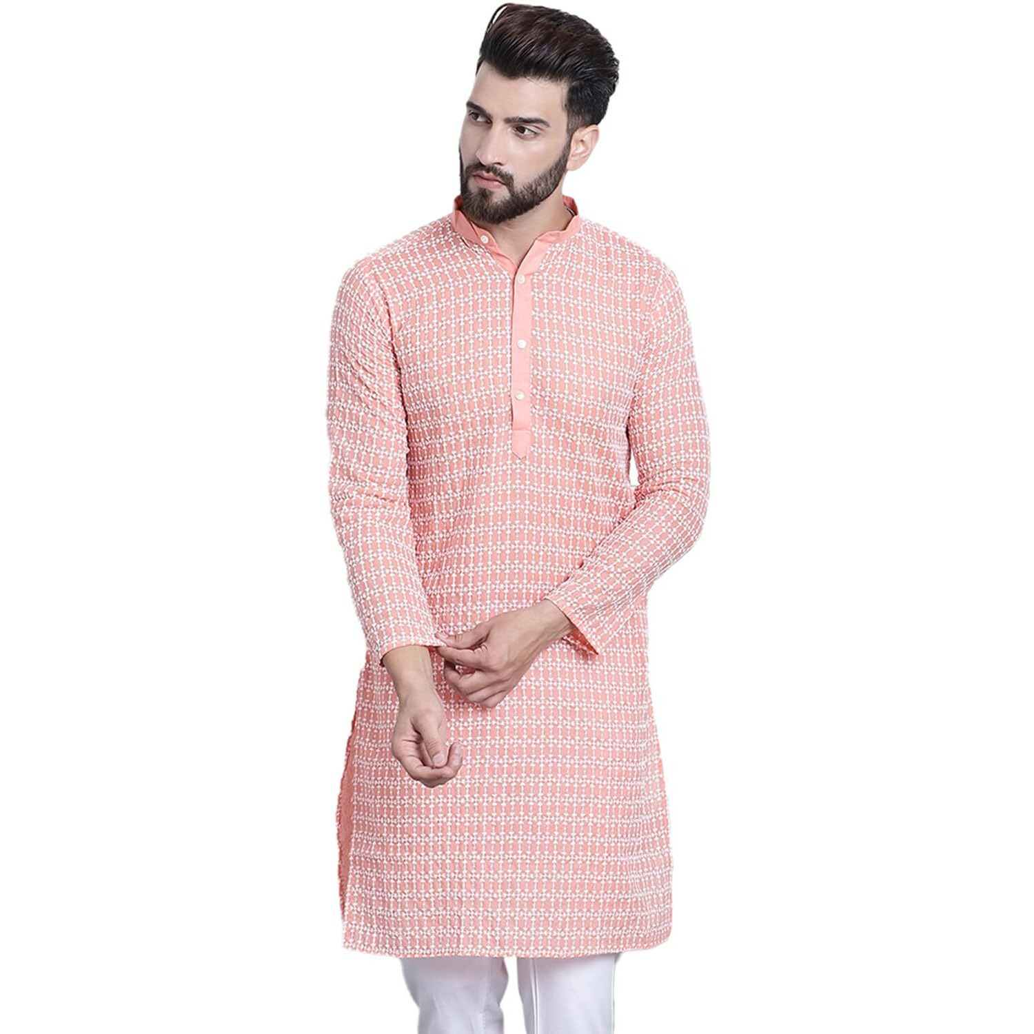 Sojanya (Since 1958 Men's Pure Cotton Peach With White Embroidery Only Long Kurta
