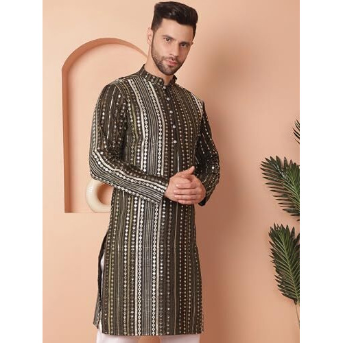 Jompers Men Mehndi Mirror Work Kurtas (Mehndi, M)