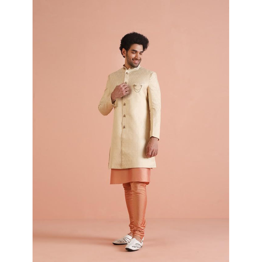 Kisah Men's Kurta Indo-Western Sherwani Churidar Set, Cream Silk Blend, Jacquard Regular Fit Mandarin Collar Long Sleeves, 40