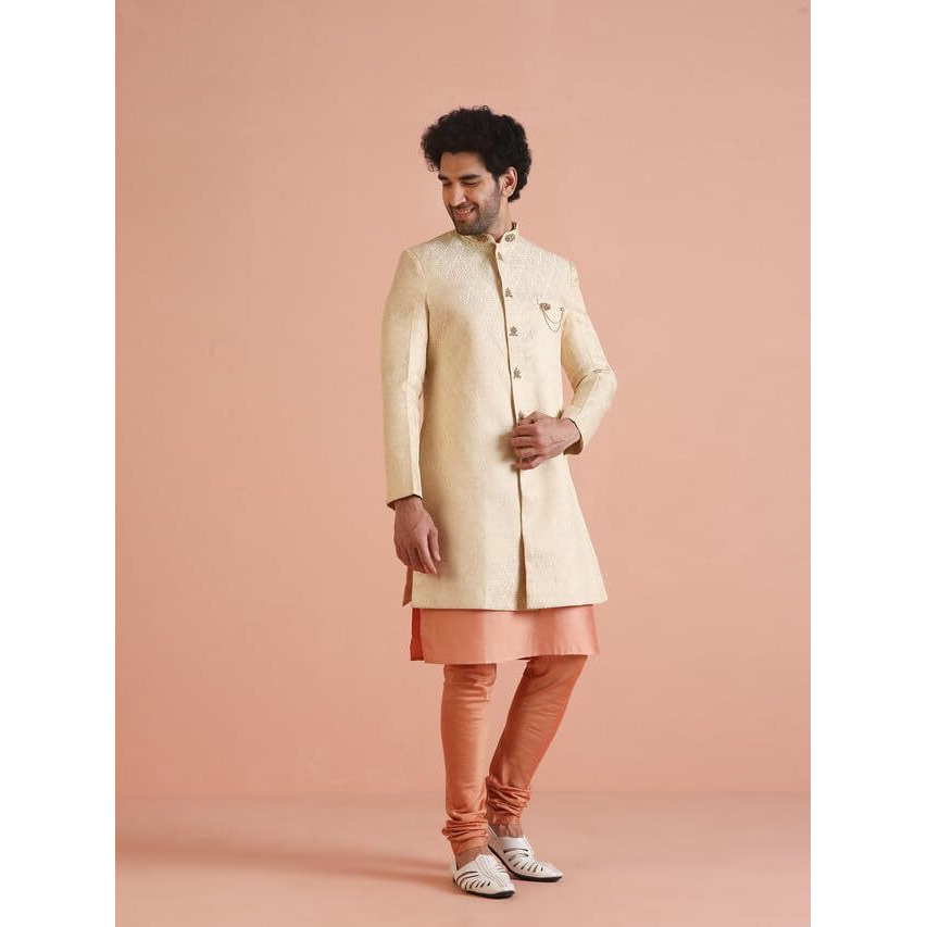 Kisah Men's Kurta Indo-Western Sherwani Churidar Set, Cream Silk Blend, Jacquard Regular Fit Mandarin Collar Long Sleeves, 40